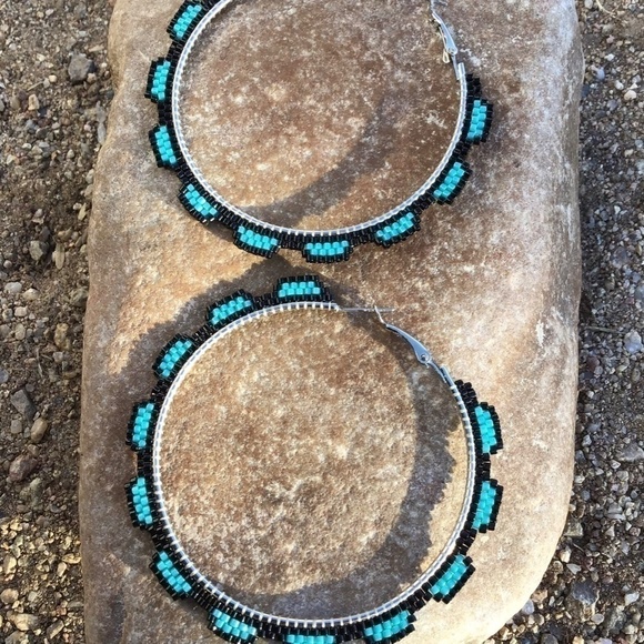 Turquoise Beaded Hoops, New, Handmade by Me - Picture 7 of 14